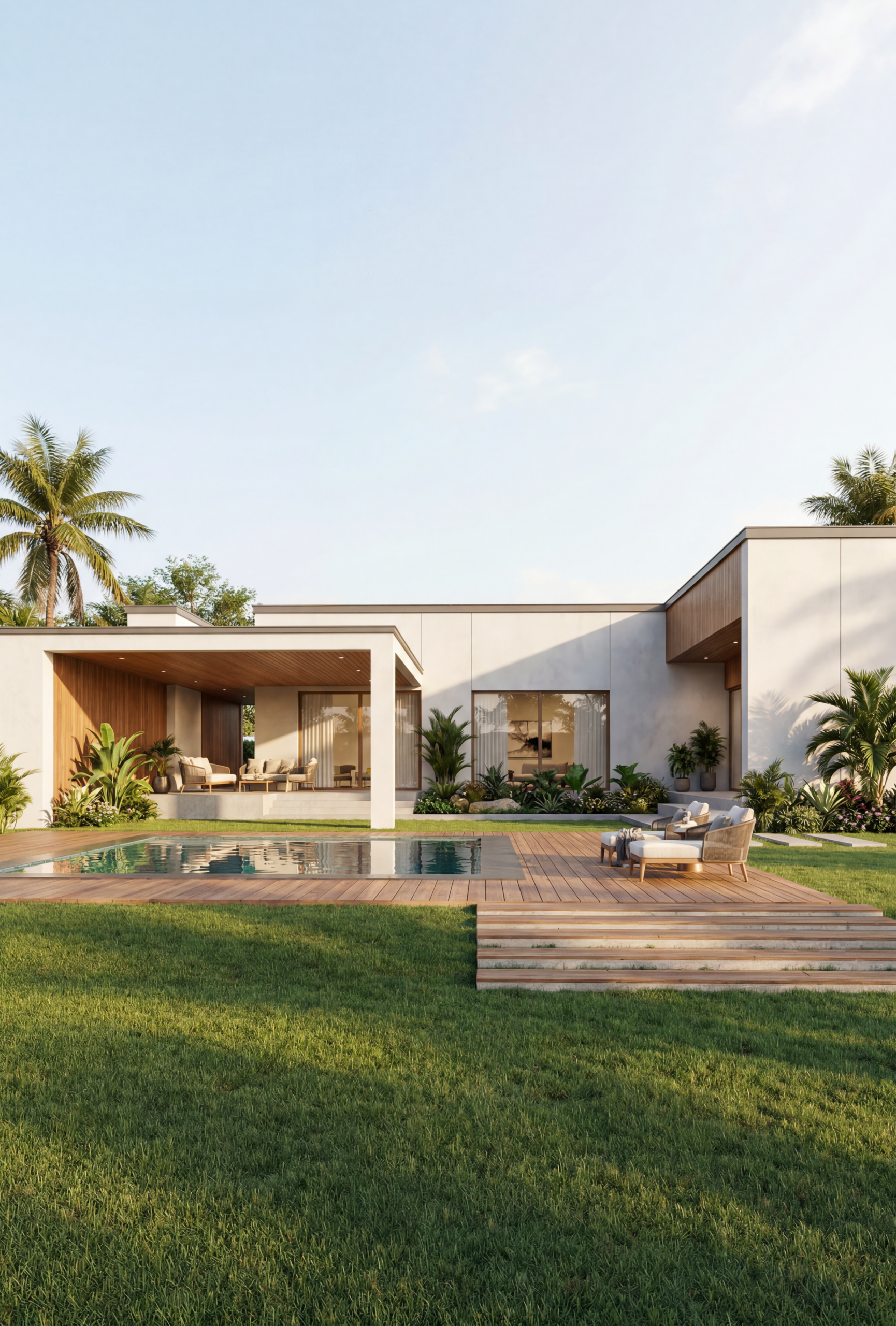 Modern single-story home with white walls, wooden accents, a rectangular pool, and a wooden deck set on a green lawn.