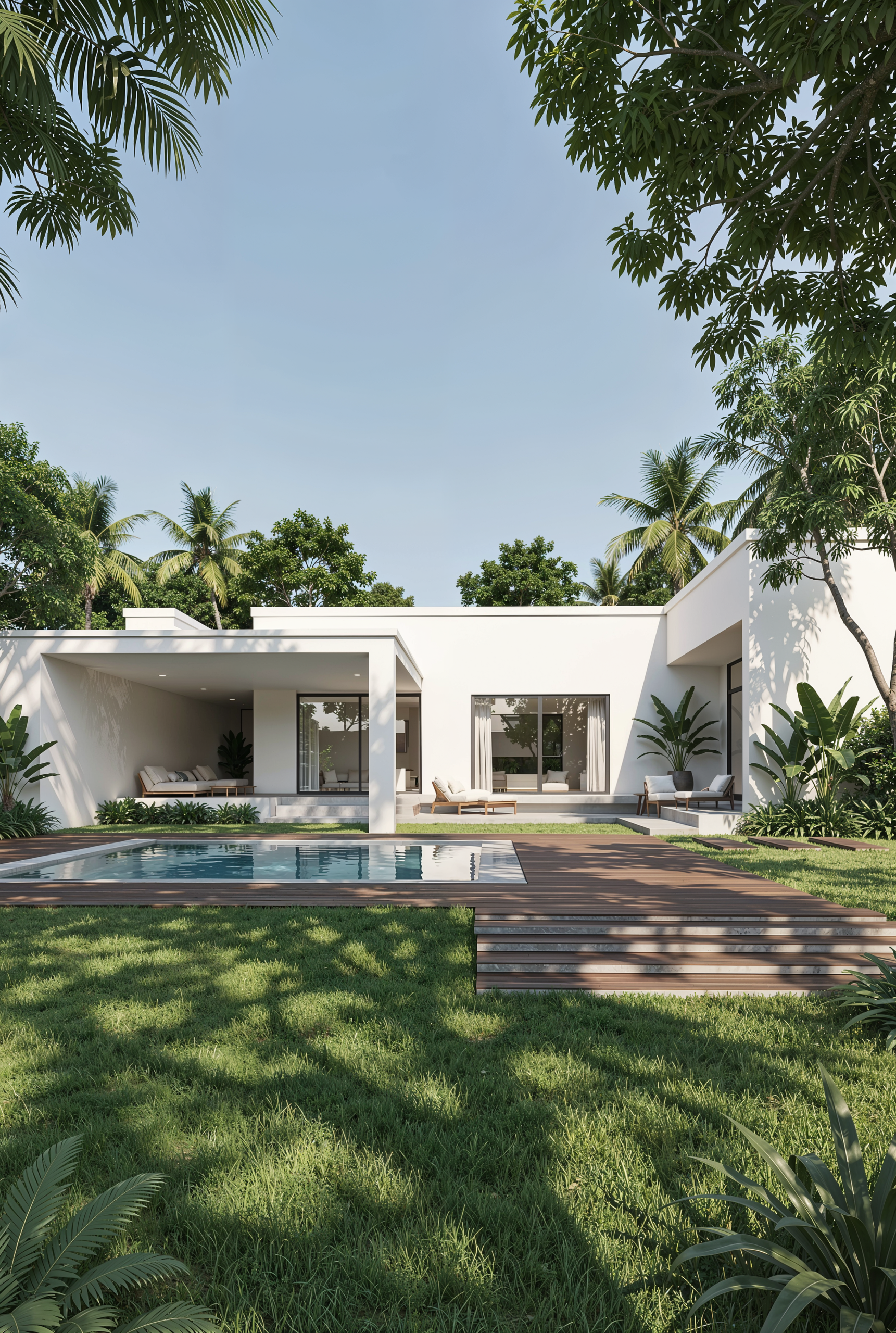 Modern white single-story home with glass doors, open outdoor seating area, and rectangular pool on a wooden deck amid tropical plants and lawn