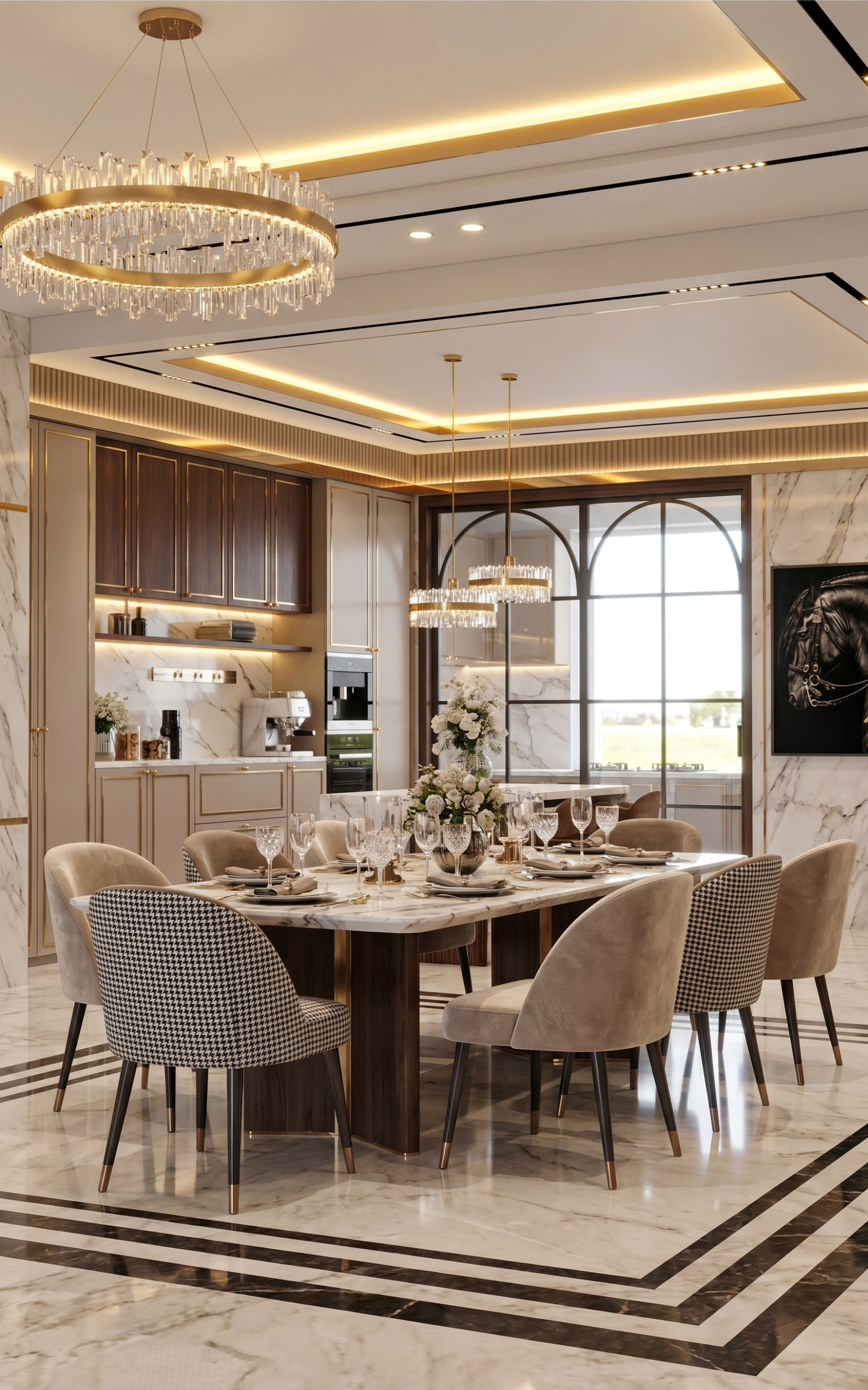 Luxurious dining room with a large marble table, beige upholstered chairs, and crystal chandeliers casting warm light across the space.