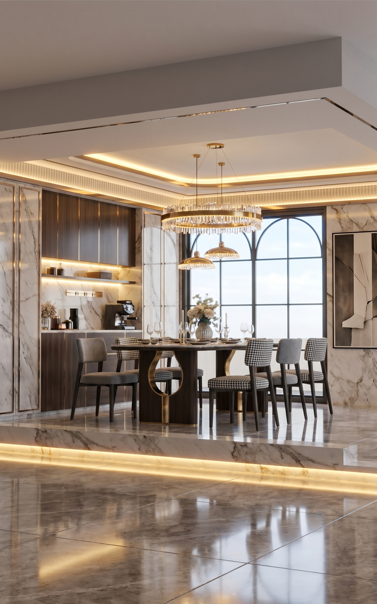 Luxurious dining area with marble walls, dark wood cabinetry, and a round chandelier above a table set for six by large arched windows.