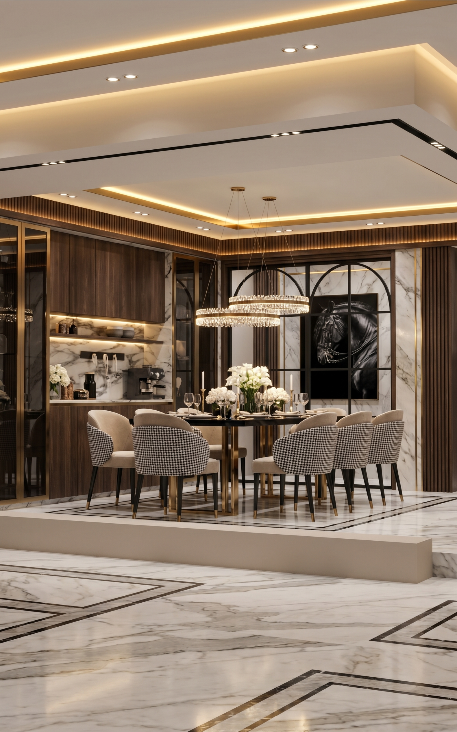 Elegant dining room with a round table set for a formal dinner, crystal chandelier, marble floors, and dark wood walls.