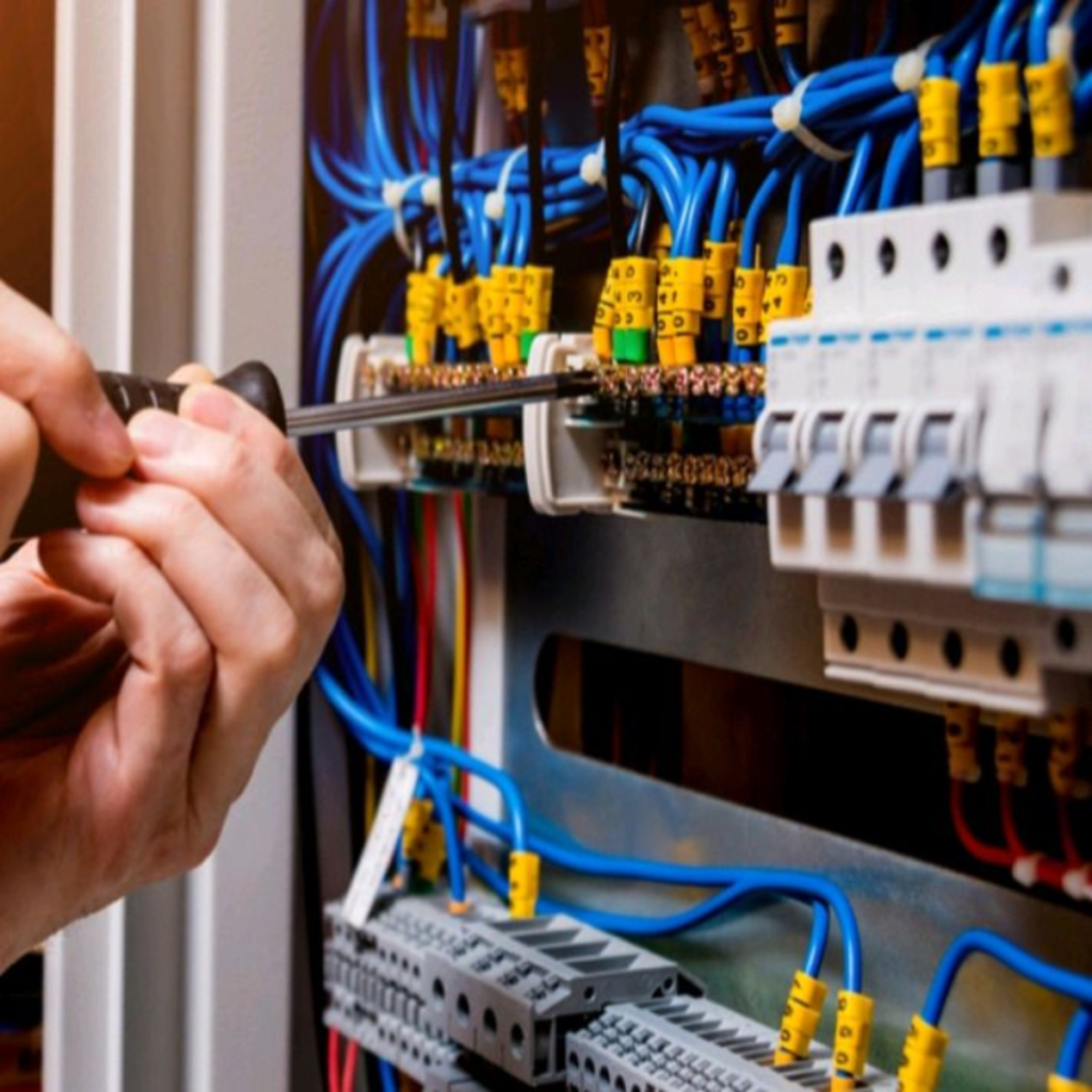Technician tightening wires inside an electrical panel with blue cables and yellow terminal blocks using a screwdriver