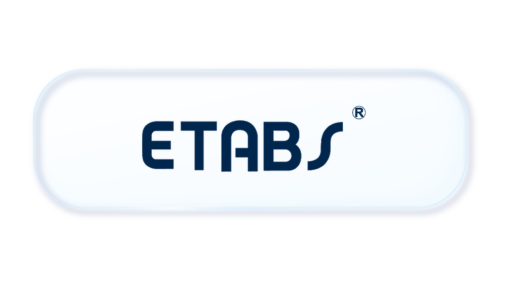 ETABS logo in dark blue on a pale blue rounded badge with a glossy gradient background.