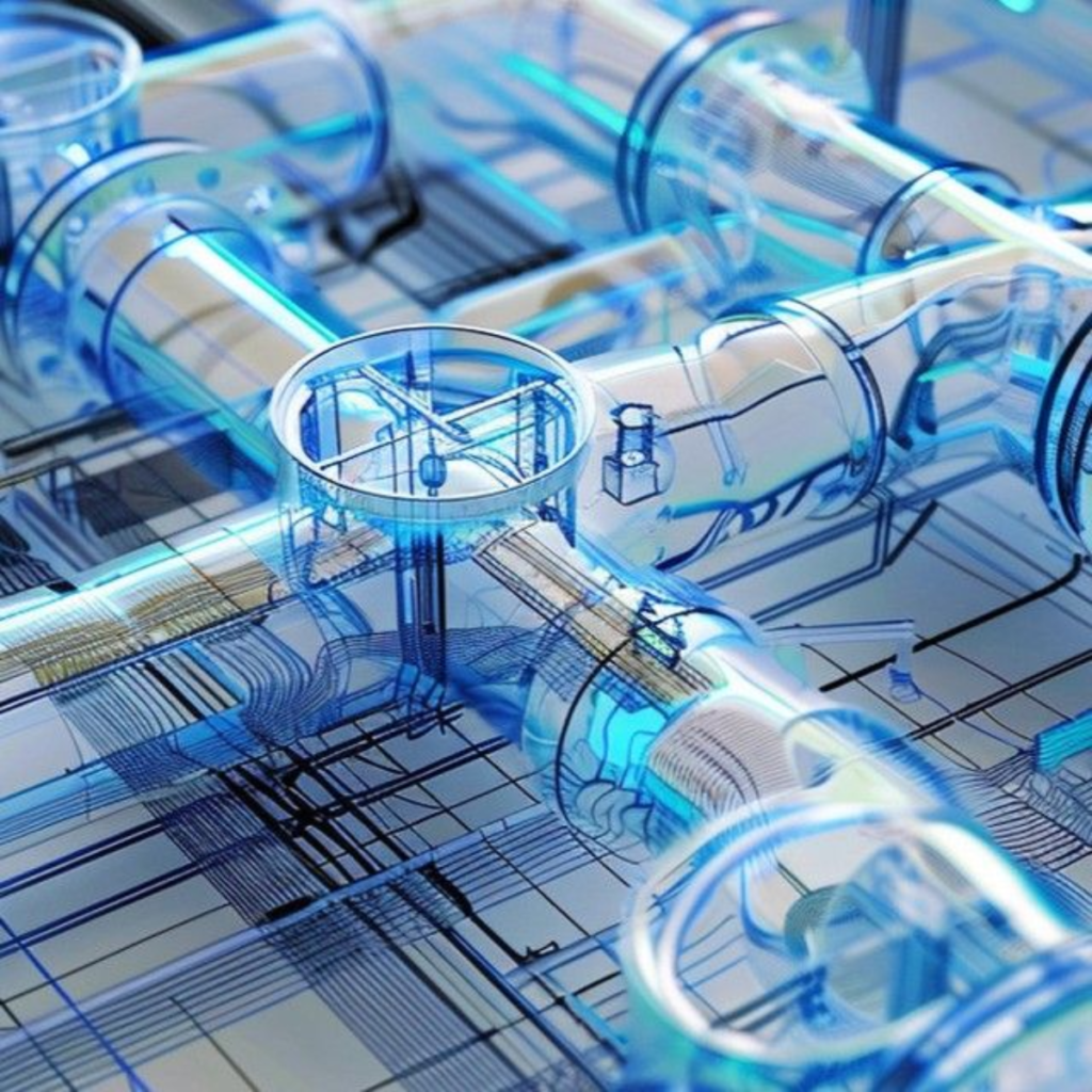 3D rendering of a blue transparent piping system laid over a technical blueprint with tubes, fittings, and valves.