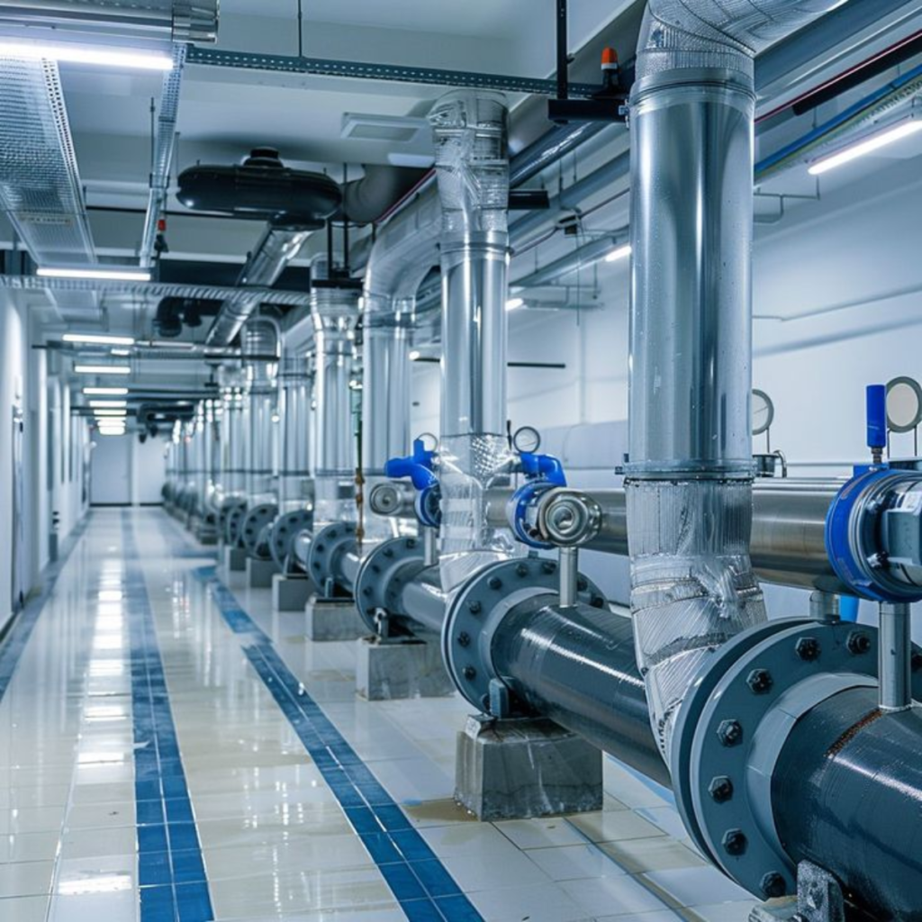 Industrial utility room with large metal pipes and blue-handled valves along a glossy tiled corridor under overhead ducts