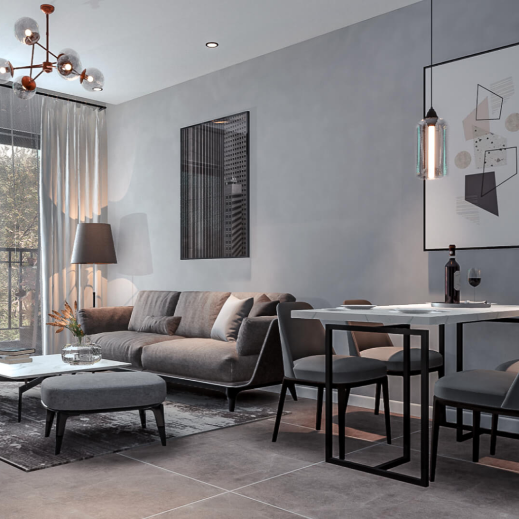 Modern living room with a gray sofa, glass coffee table, and abstract wall art; large window with sheer curtains on the left side.