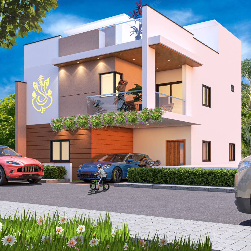 Modern two-story house with a balcony, parked cars, and a child riding a bike on the driveway under a blue sky