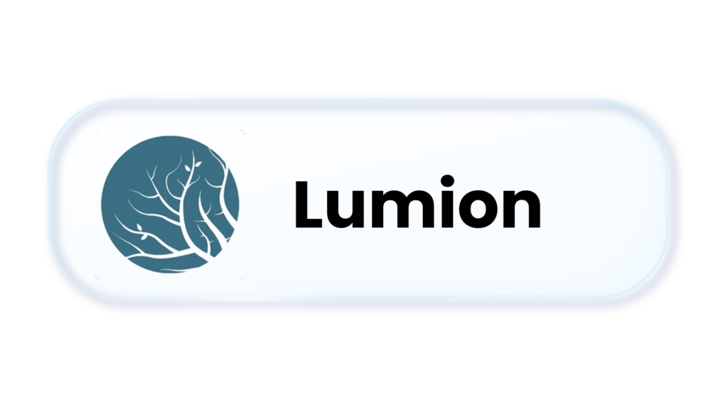 Lumion logo: blue circular tree emblem to the left with bold 'Lumion' text on a rounded, light-blue badge