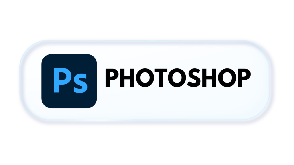 Photoshop logo: blue 'Ps' icon in a dark rounded square followed by the word PHOTOSHOP in bold black letters (banner style)