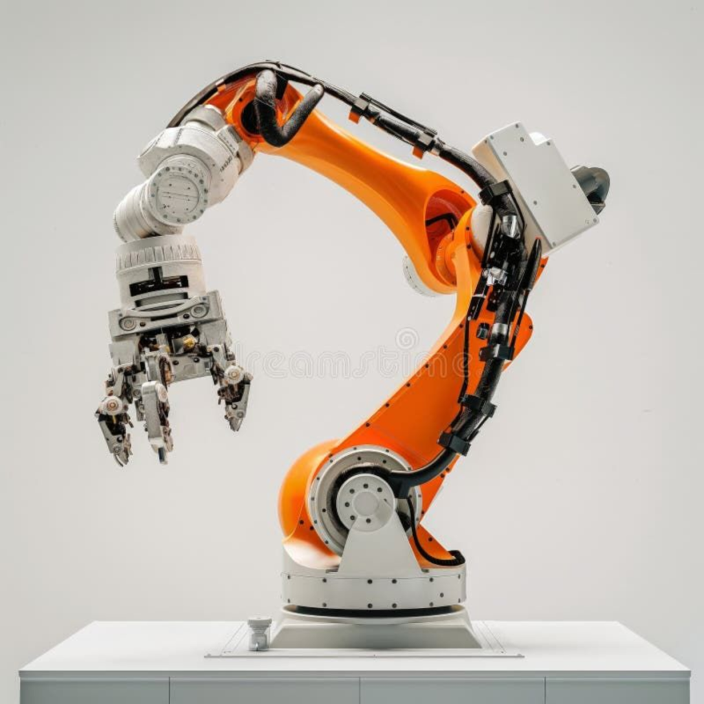 Industrial orange robotic arm with a multi-finger gripper, mounted on a pedestal.