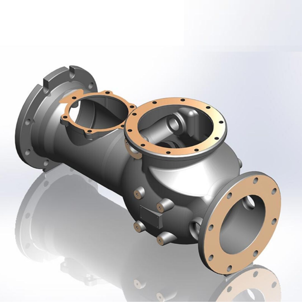 3D rendering of a gray industrial valve body with flanged openings and bolt holes.