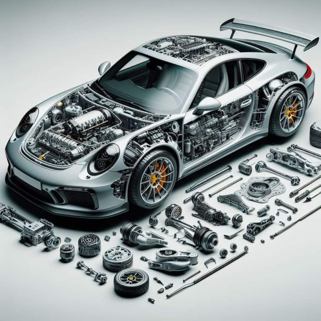 Cutaway view of a silver sports car with its engine and drivetrain exposed, surrounded by spare parts and tools.