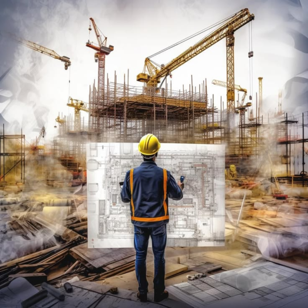 Construction worker in a helmet and orange safety vest studies blueprints on a chaotic building site with cranes and scaffolding in the background.