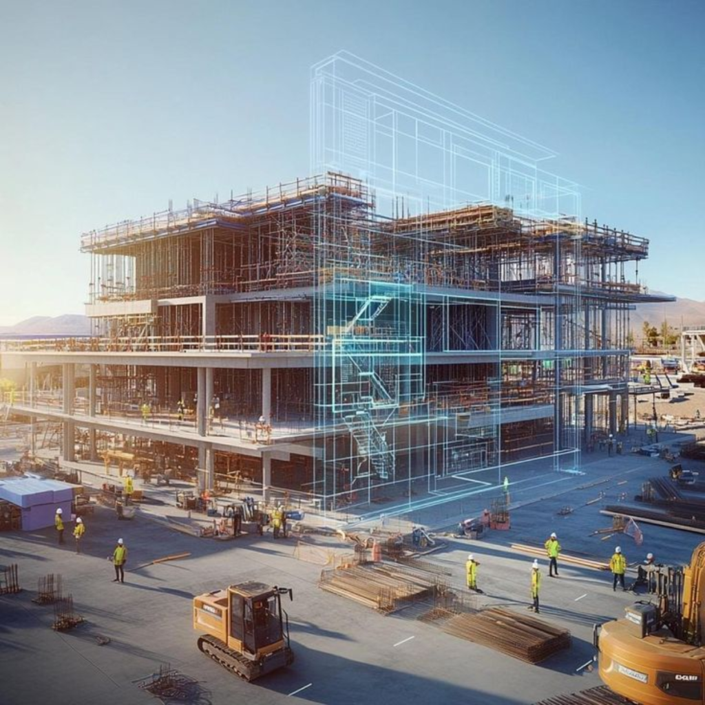 Construction site with a partly built multi-story building and a blue architectural blueprint overlay.