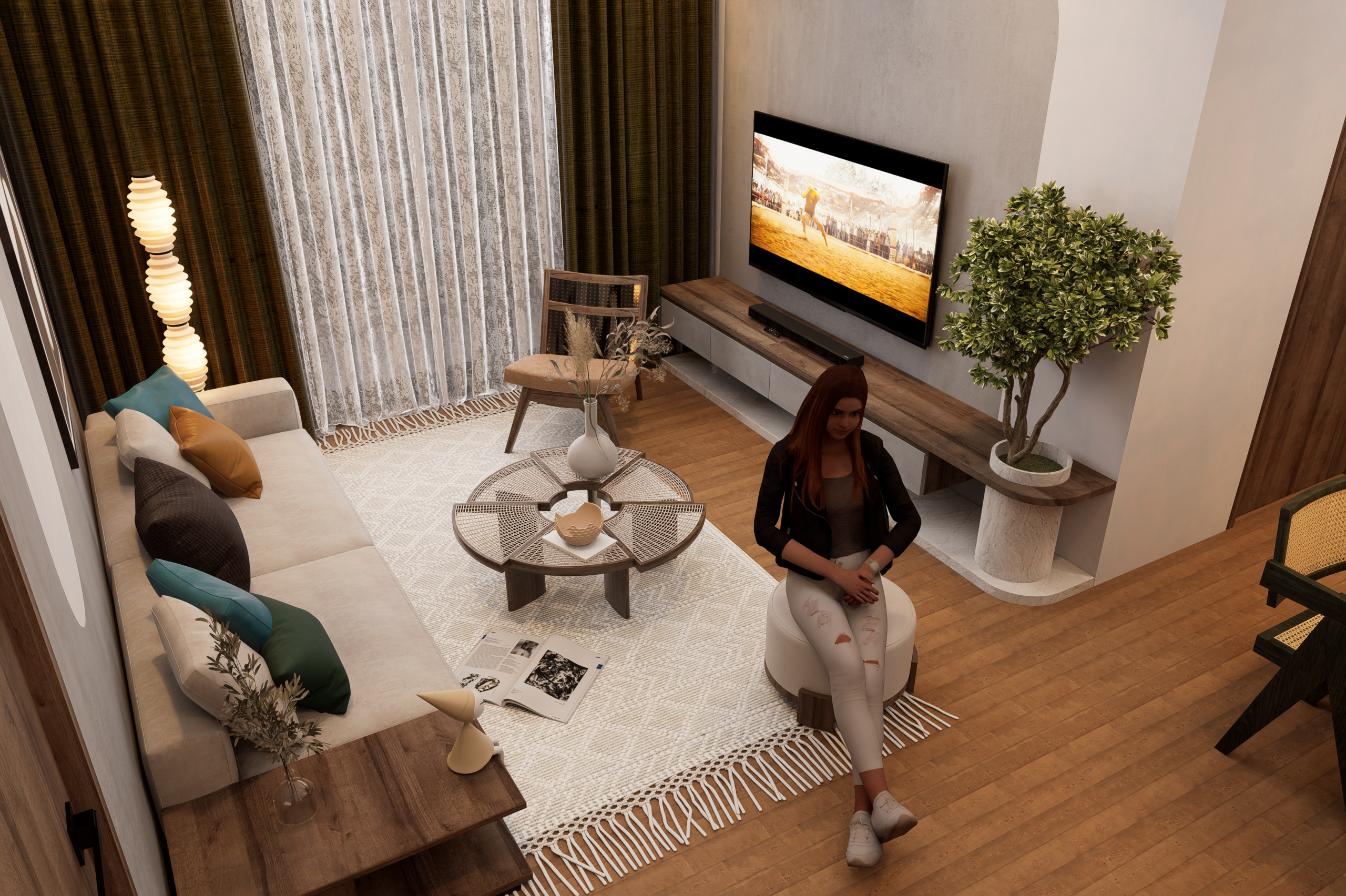 Modern living room with a beige sectional sofa, colorful cushions, a round wicker coffee table, and a wall-mounted TV showing a beach volleyball scene.