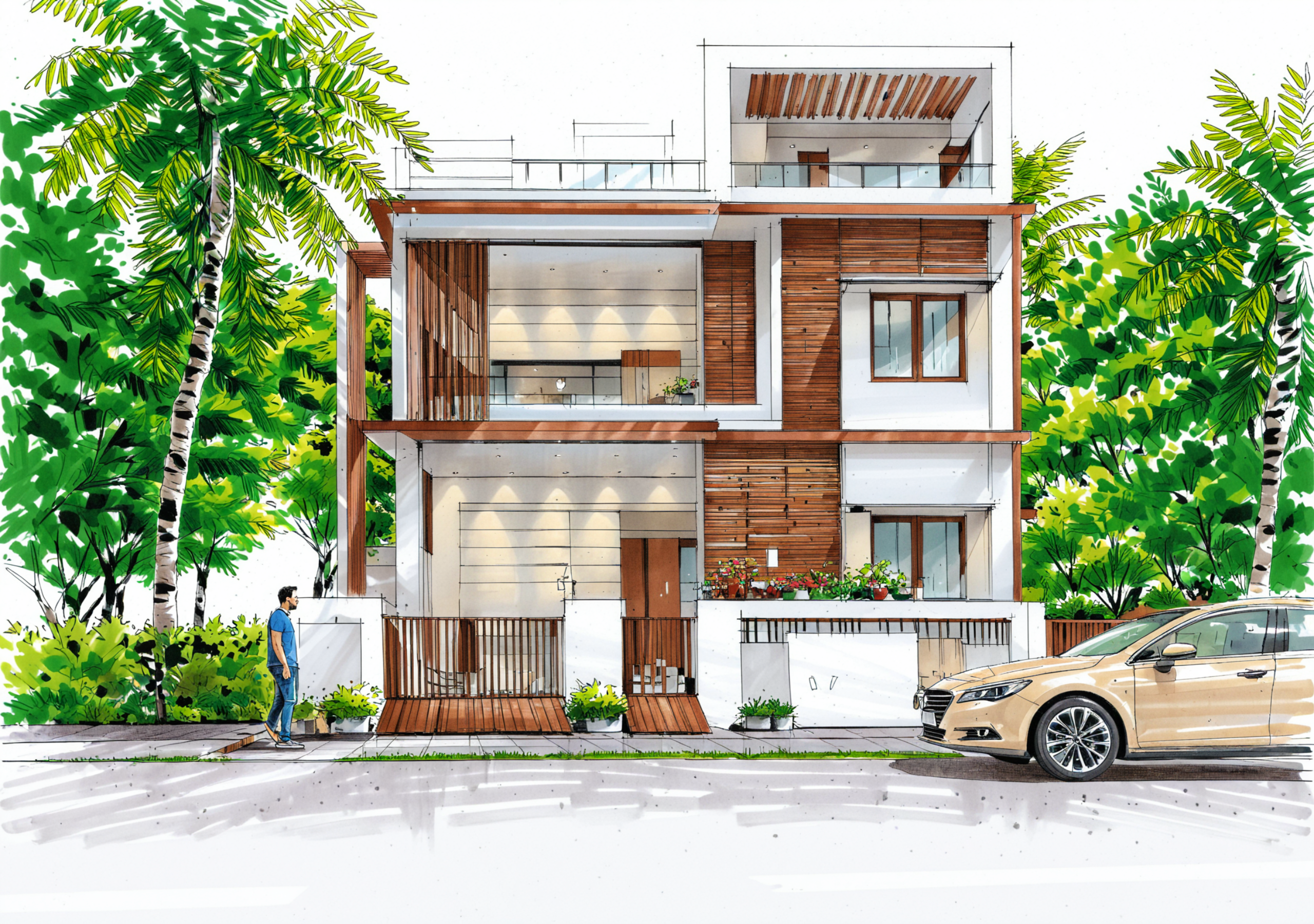 Modern multi-story house with wood accents, surrounded by palm trees; a pedestrian and a parked sedan on the street at the curb.