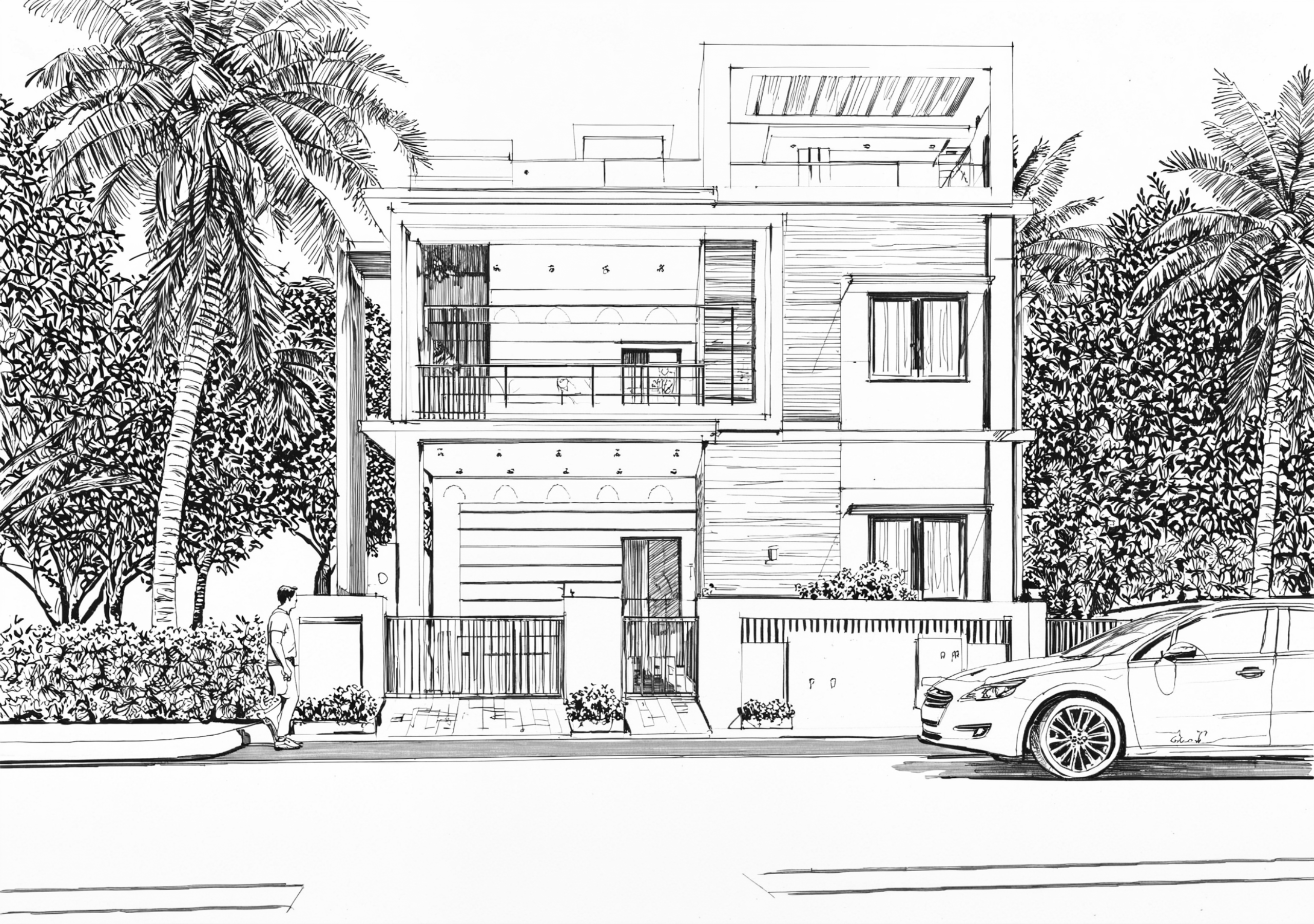 Line drawing of a modern multi‑story house with balconies, large windows, and surrounding palm trees; a car is parked on the street in front.