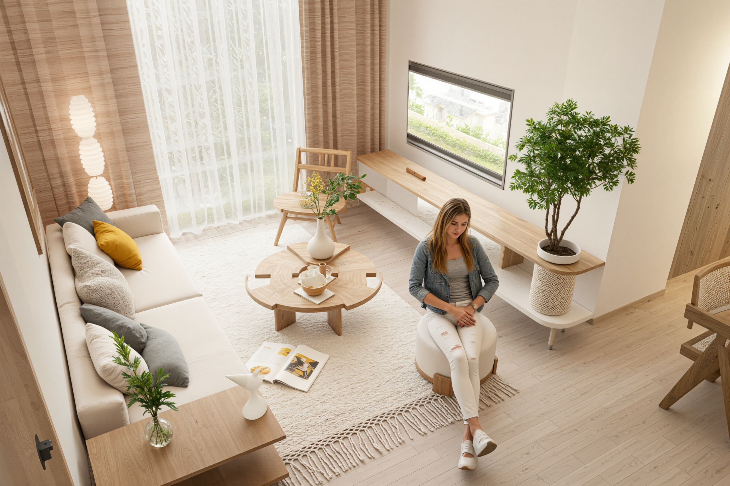 Woman seated on a round ottoman in a sunlit living room with beige sofa, wooden tables, and a large window; a potted plant nearby.
