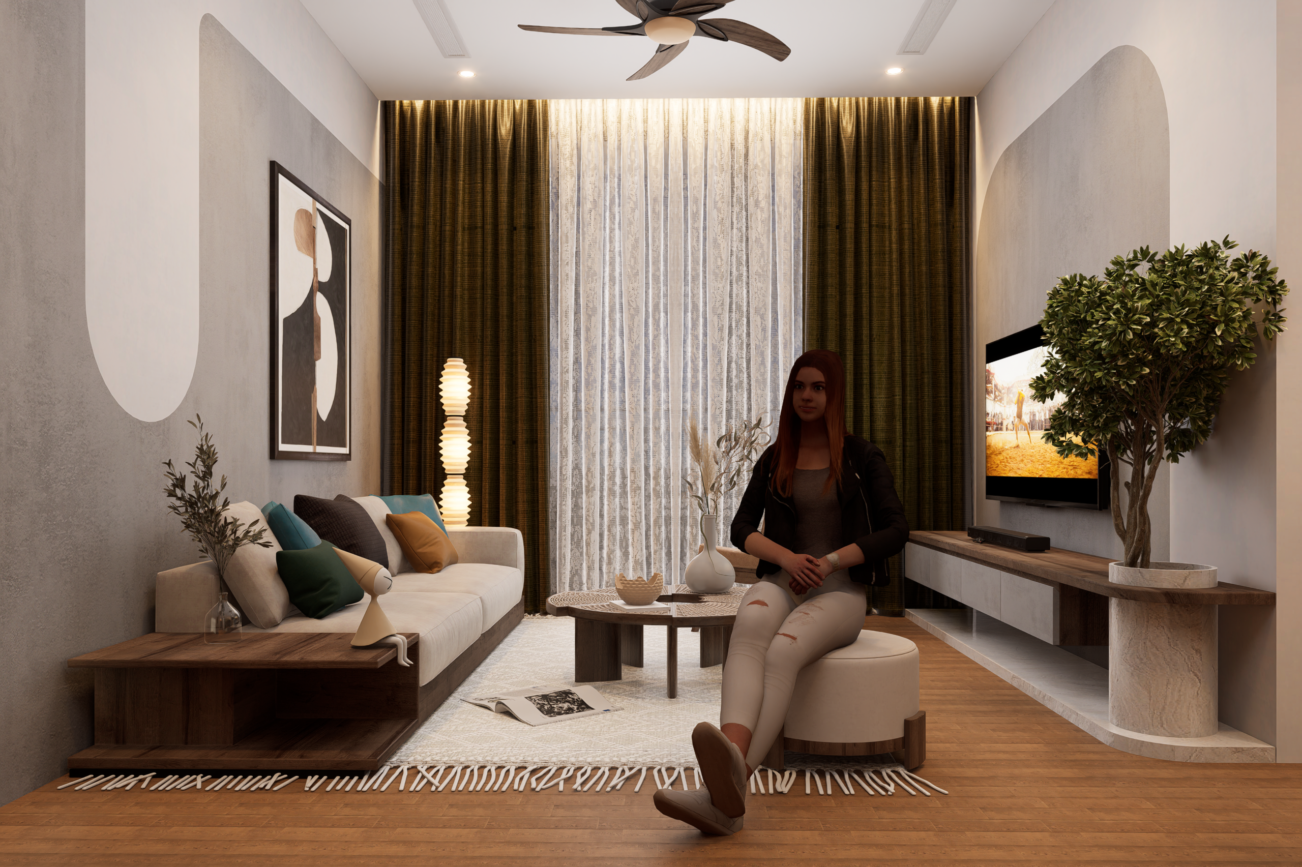 Woman sits on a round ottoman in a modern living room with beige sofa, cushions, coffee table, and a wall-mounted TV.