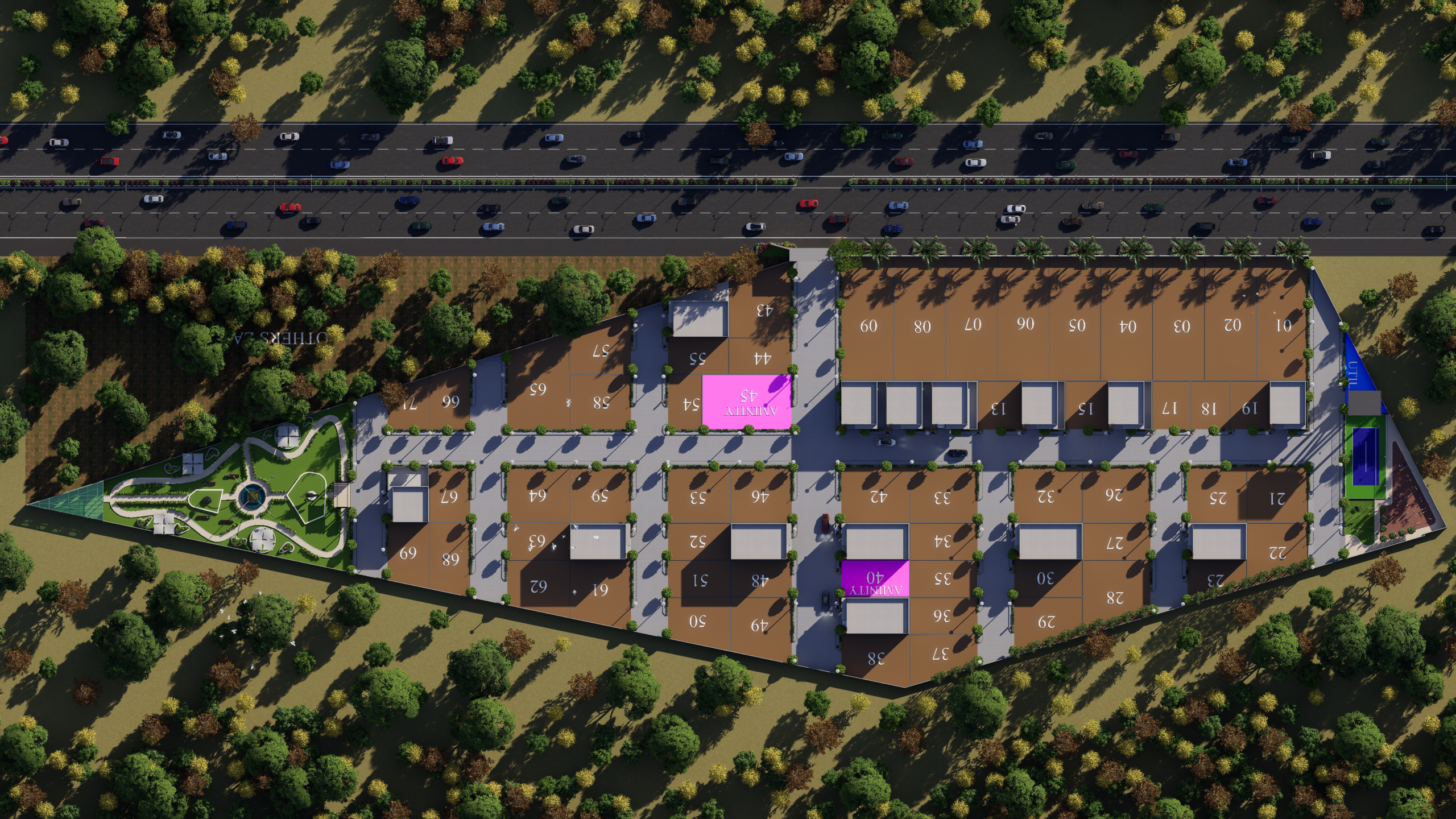 Aerial view of a commercial complex with a long parking lot, numbered spaces, and tree-lined surroundings.