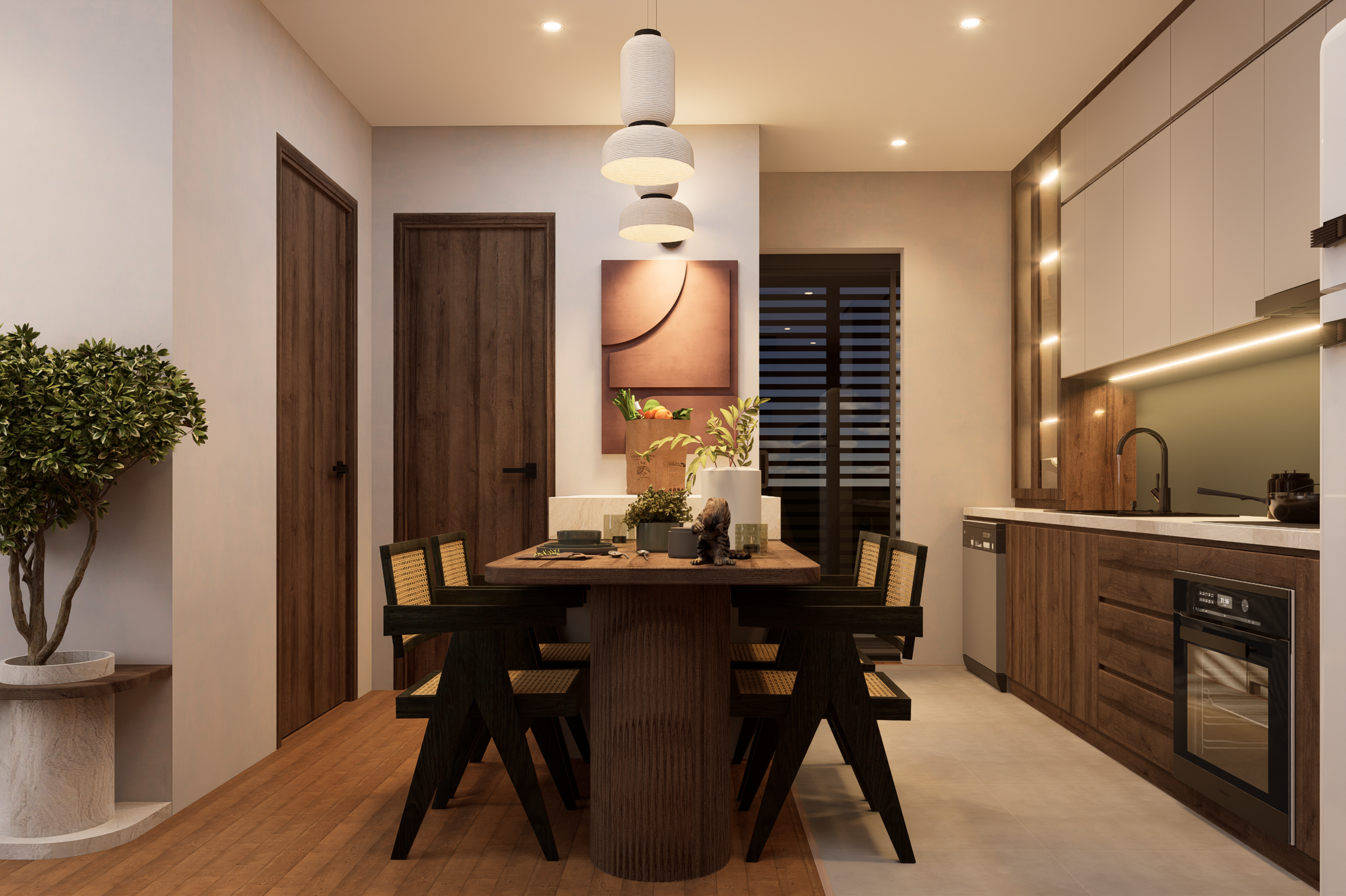Modern open kitchen and dining area with a wooden table, bench seating, hanging pendant lights, and built-in appliances along the right wall