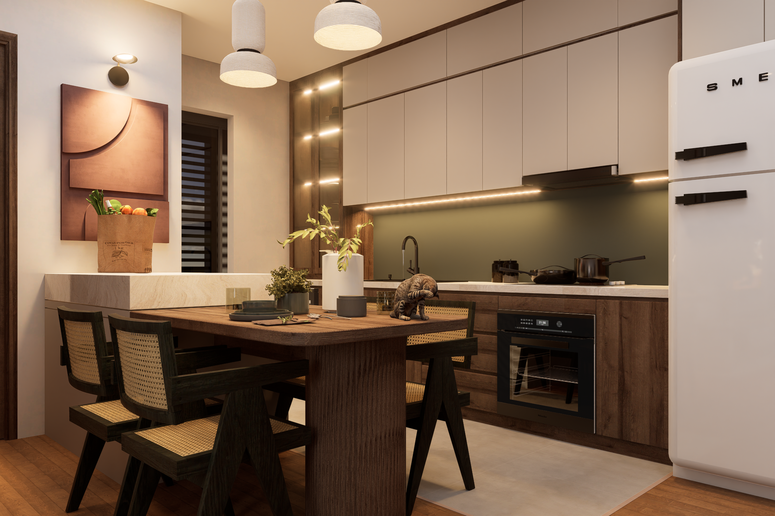Modern kitchen with a wooden dining table and dark chairs, pendant lights, and built-in white cabinets along the wall.