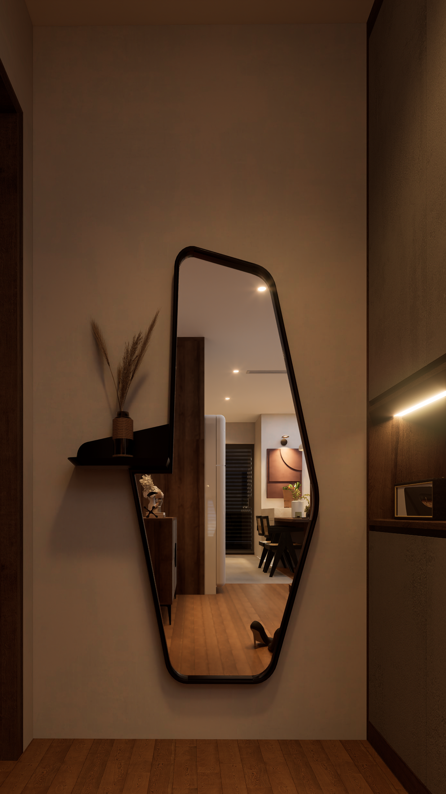 Tall rounded-rect mirror on a wall in a dim hallway, reflecting a dining area with wooden table and chairs.
