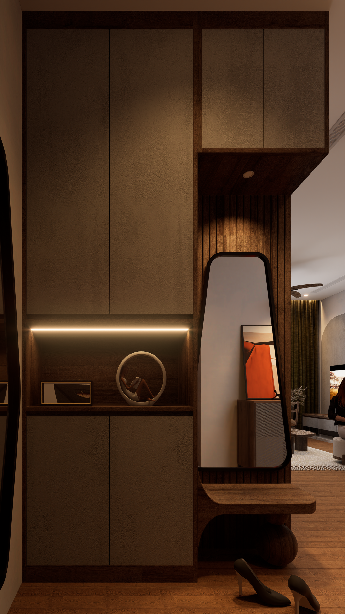 Dimly lit dressing area with tall wooden cabinets, a full-length mirror, and warm under-cabinet lighting.