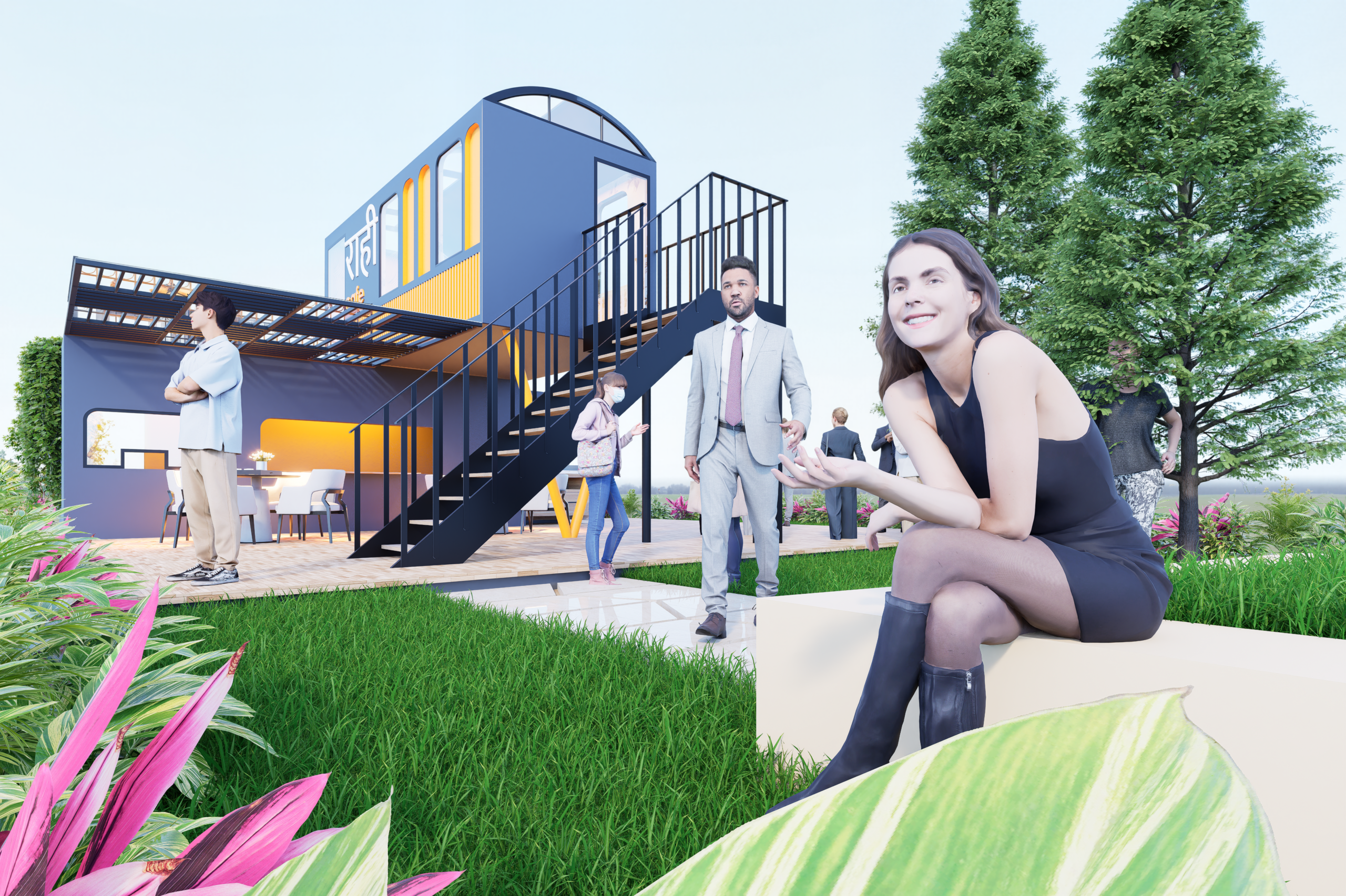 Outdoor scene with a modern blue building, a black staircase, and people gathered near a patio.