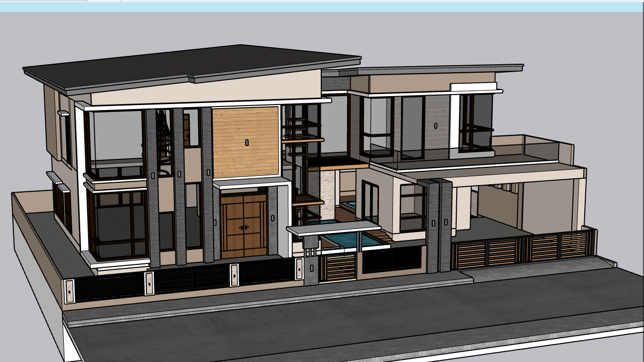 3D rendering of a modern two-story house with wood and stone accents, a gated front yard, and a flat roof.