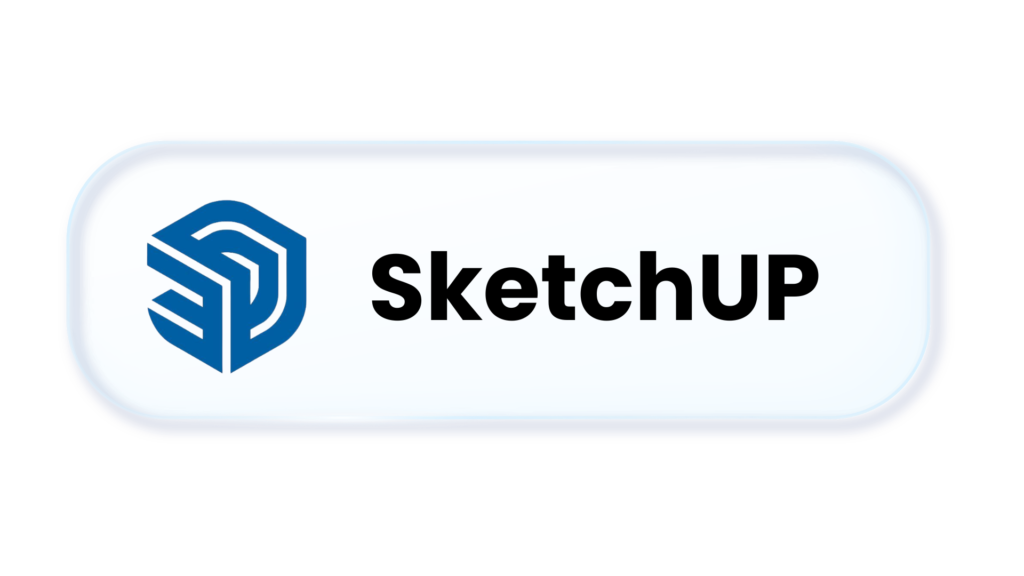 SketchUp logo with a blue geometric cube icon left of bold black 'SketchUp' text on a pale glossy rounded button background.