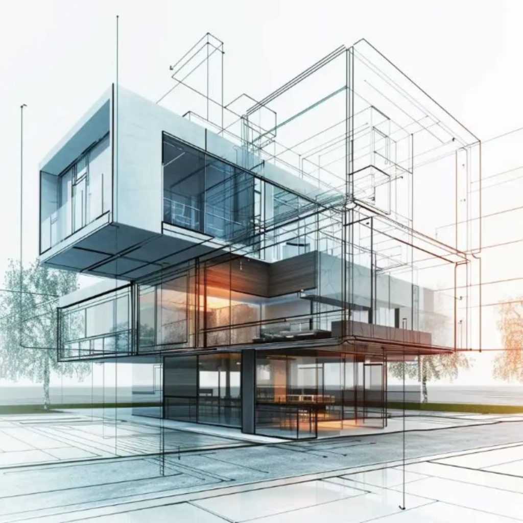 3D rendering of a modern, multi‑story glass house with architectural wireframe lines overlay
