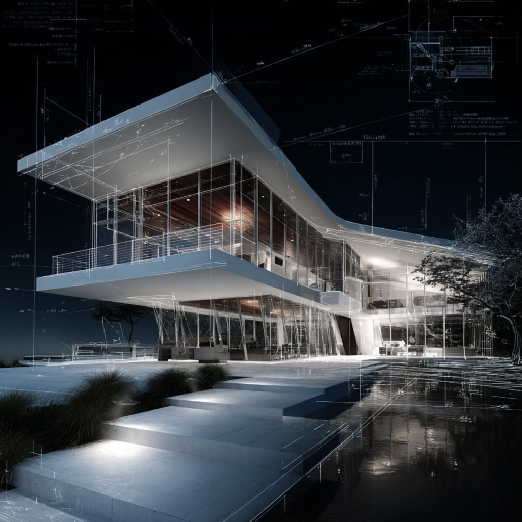 Night view of a sleek, glass-walled modern house with a cantilevered upper floor and blueprint overlays in the background, reflecting on water.