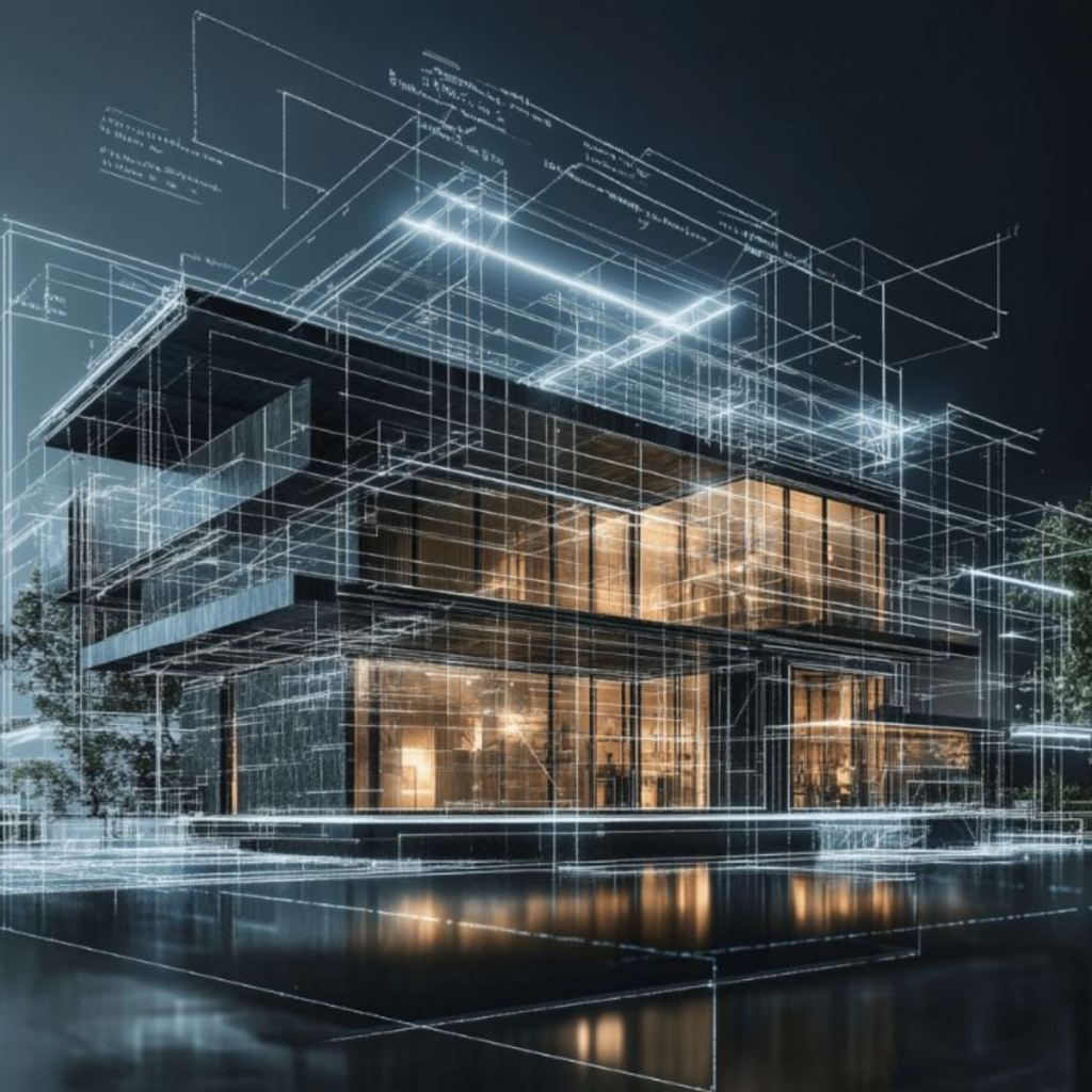 Modern glass-walled house with warm interior lighting, overlaid by white architectural blueprint lines and grids.