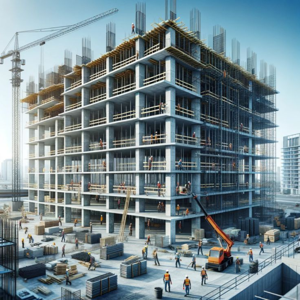 Construction site with a multi-story building under frame, workers on floors, and a crane in the background