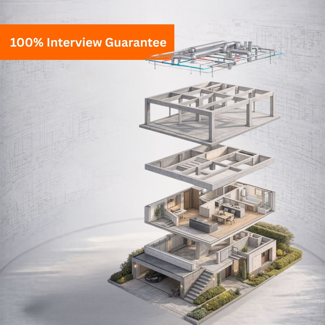 Exploded view of a modern house showing foundation, floors, and interiors, with an orange banner that reads '100% Interview Guarantee'