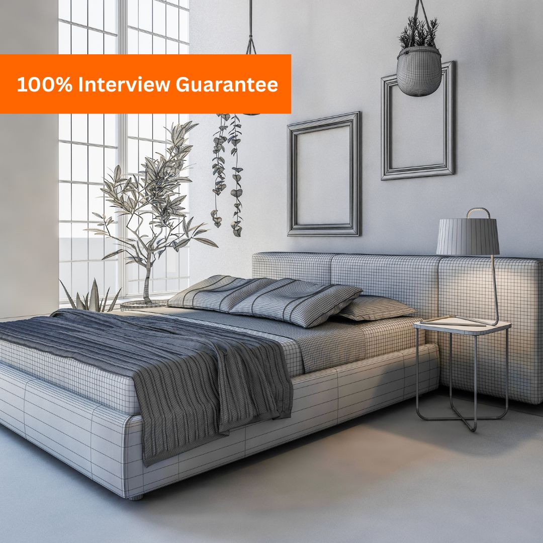 Bedroom mockup with wireframe textures and an orange banner reading '100% Interview Guarantee' across the top left corner.
