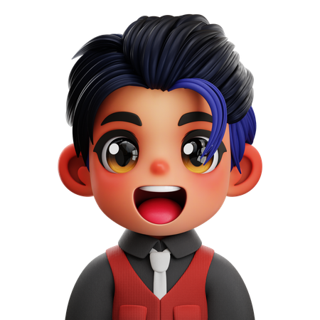 Cheerful 3D cartoon character with black and blue hair, red vest, and a big smile.