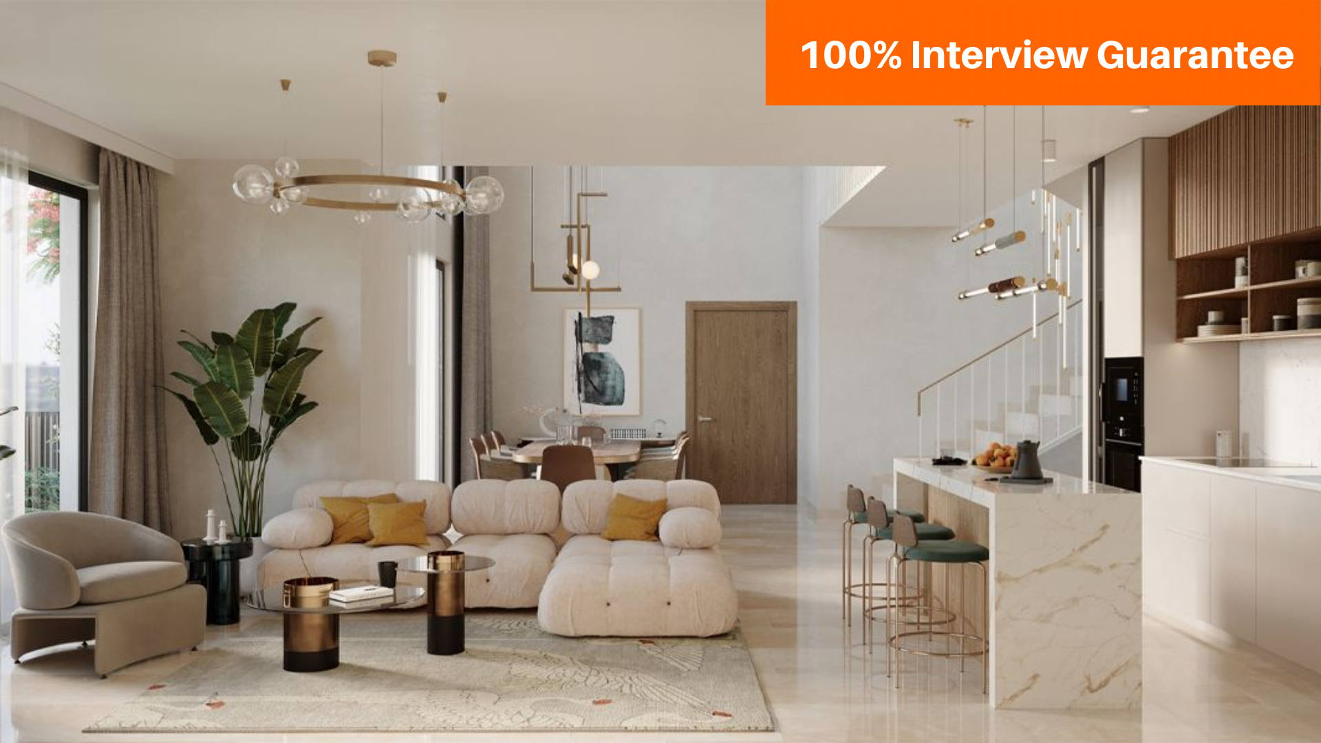 best Interior Designing course training institute in Hyderabad 1 - Caddesk Hyderabad - Caddesk Hyderabad Bright, modern open-plan living room with beige sofas, a round coffee table, and a marble kitchen island under an orange '100% Interview Guarantee' banner.