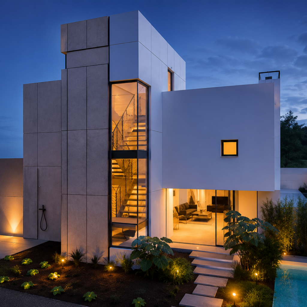 Modern contemporary house at twilight with a glass-walled staircase visible through a large window and warm interior lighting behind.