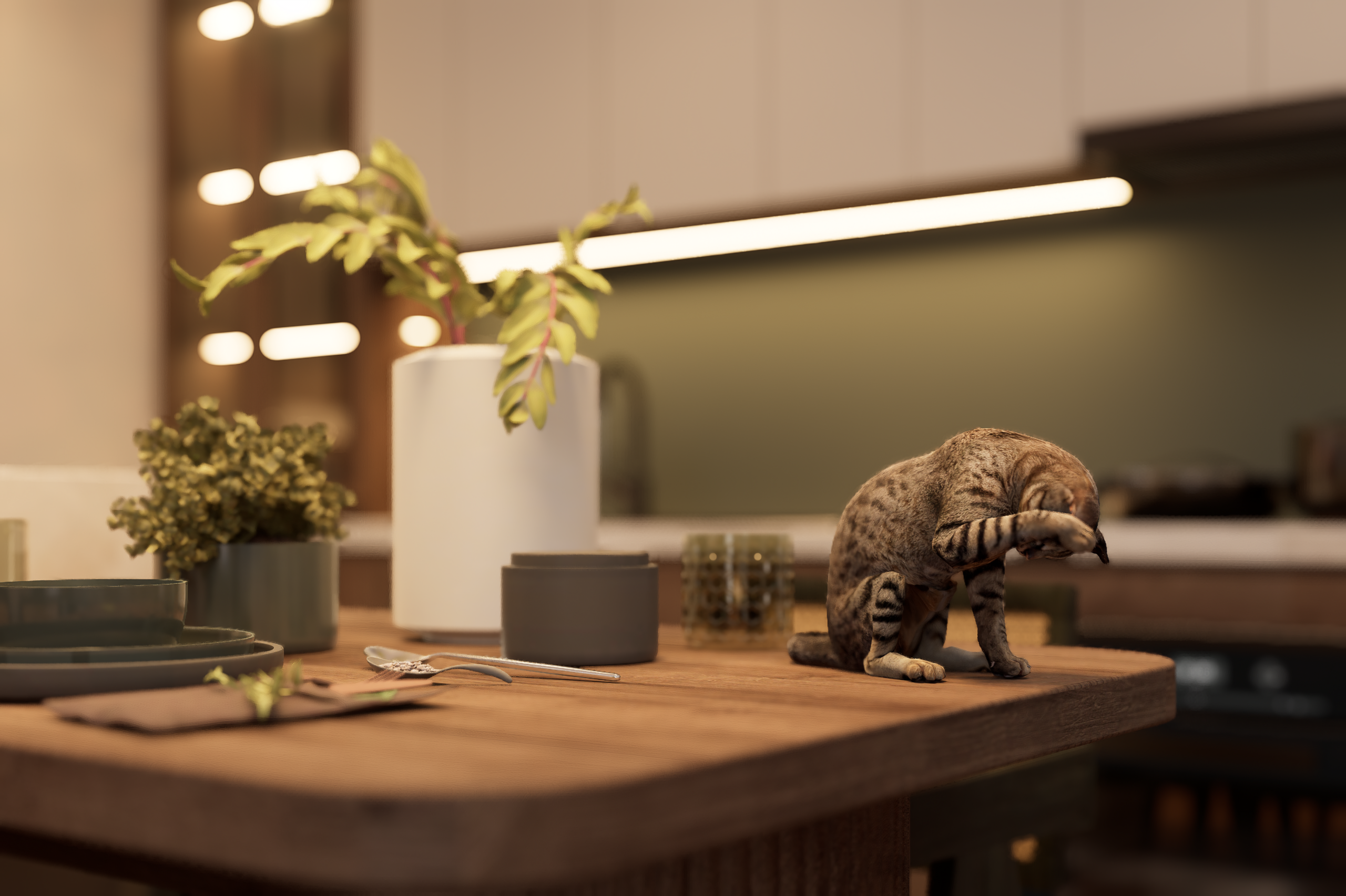 Tabby cat crouching on a wooden kitchen island with potted plants and scattered items under warm lighting in the background.