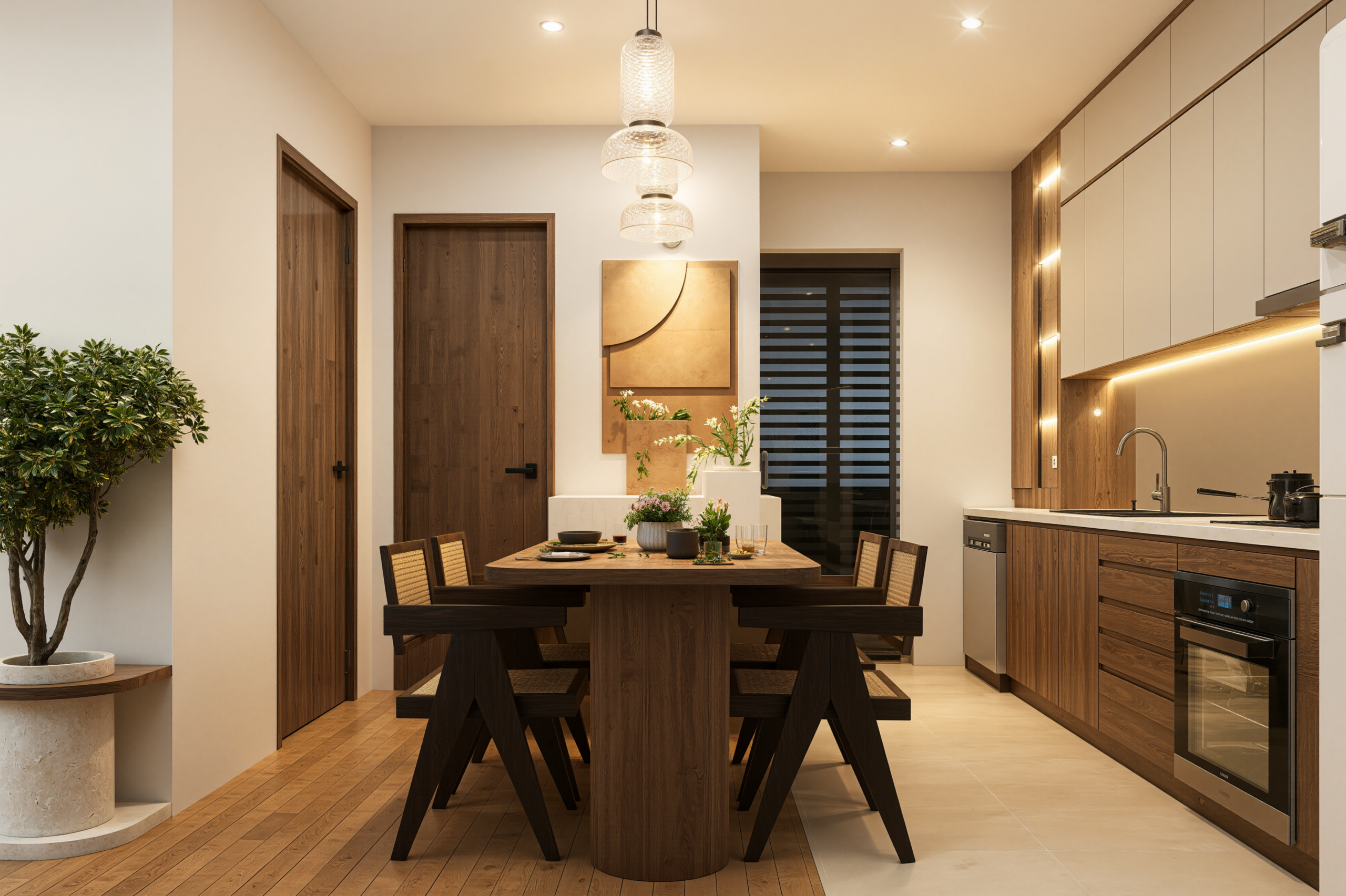 Open-plan kitchen and dining area with a wooden table and benches, three glass pendant lights, and potted plants along the left wall.