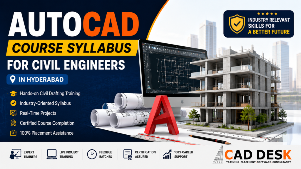 Autodesk AutoCAD course syllabus for civil engineers in Hyderabad, with construction site and CAD workstation visual.