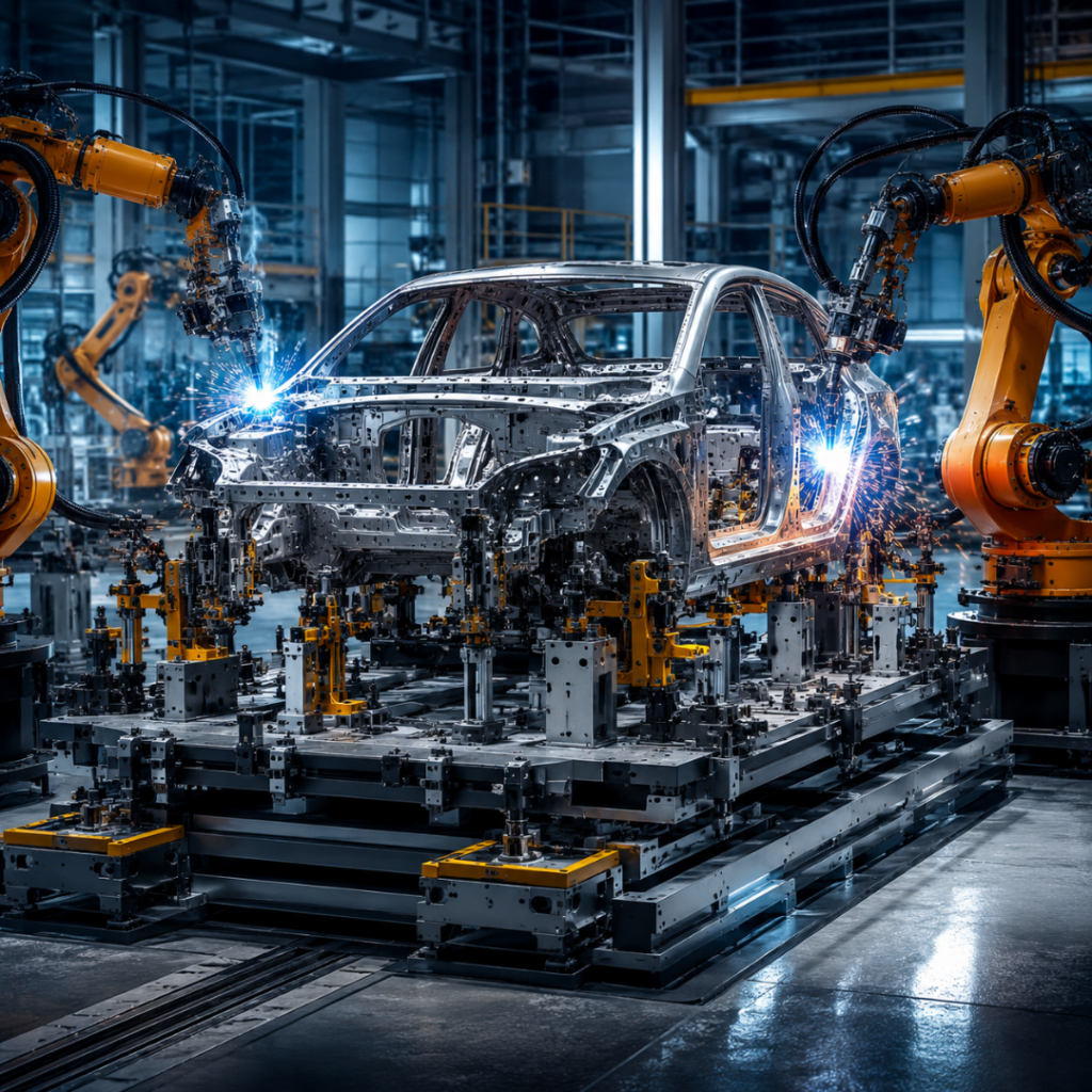 Automotive factory: robotic arms weld a silver car frame on an assembly line at a factory.