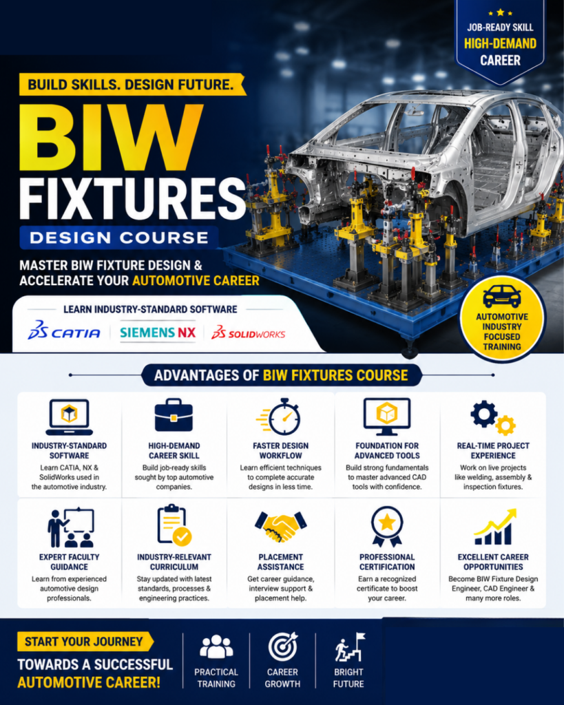 Promotional poster for a BIW Fixtures Design Course with a car body on a robotic fixture rig, bold 'BIW FIXTURES' text, and logos for CATIA, Siemens NX, and SolidWorks plus an automotive training badge.