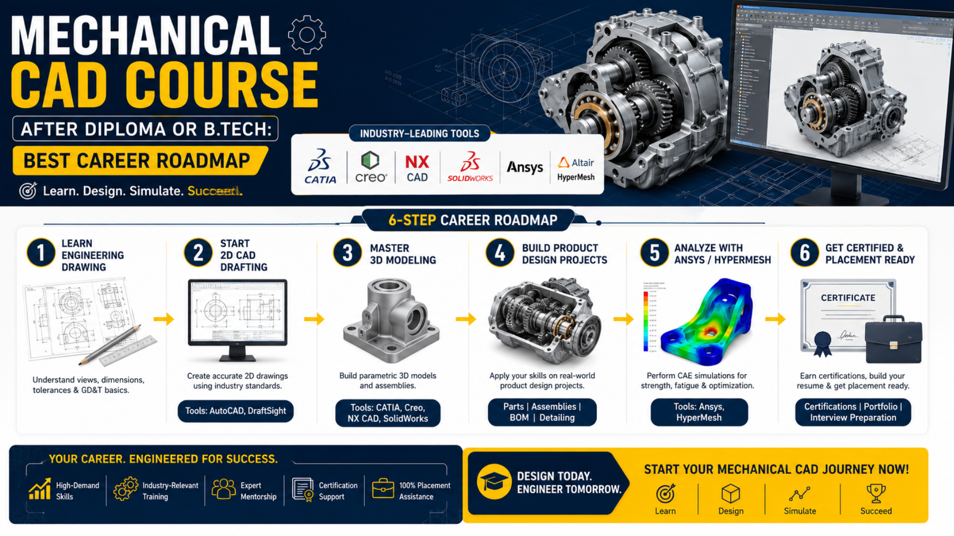 Banner advertising a Mechanical CAD Course for after diploma or B.Tech with a 6-step career roadmap and logos of CAD tools.