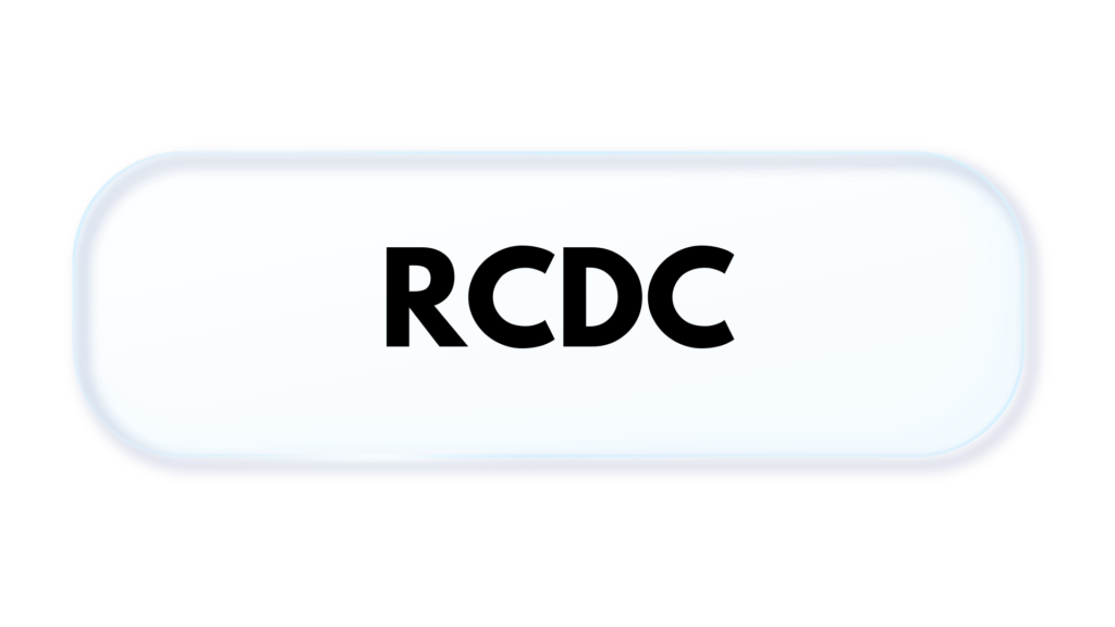 Logo: glossy rounded pill with pale blue gradient background and bold black 'RCDC' in the center.