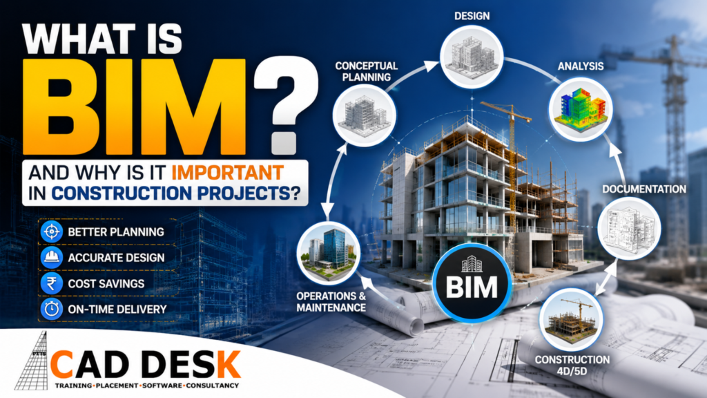 Infographic illustrating BIM workflow from conceptual planning to design, analysis, documentation and construction.