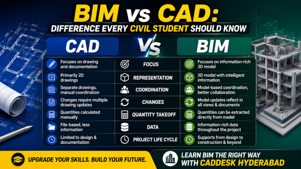 CAD vs BIM table BIM vs CAD: Difference Every Civil Student Should Know