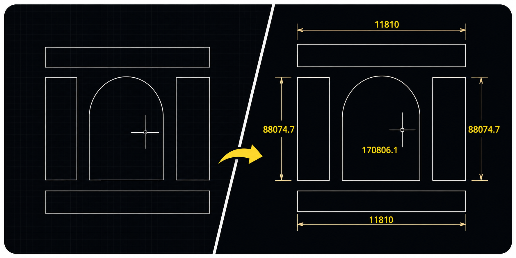 Split technical blueprint showing a rectangular frame with a rounded-arch opening on each side; left side is a simple wireframe, right side adds dimension lines in yellow (overall width 11810, vertical heights ~88074.7 and 170806.1).